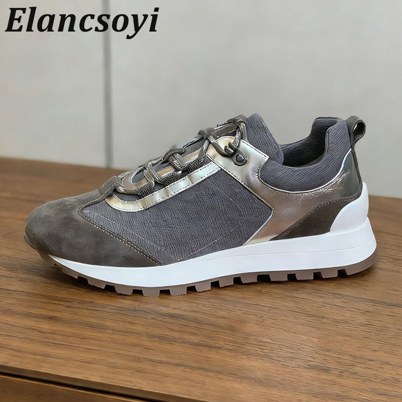 Knit Fabric Lace Up Sneakers - Damskie sneakersy sznurowane z ozdobnymi koralikami,
