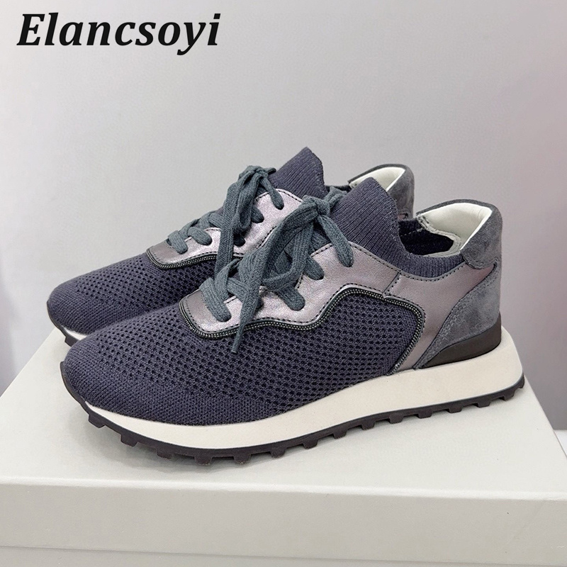 Knit Fabric Lace Up Sneakers - Damskie płaskie buty sznurowane z koralikami,