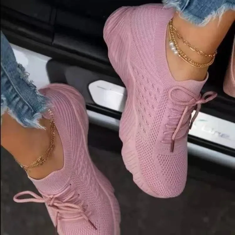 Knit Fabric Lace Up Sneakers - Damskie casualowe sneakersy z dzianiny, oddychające,