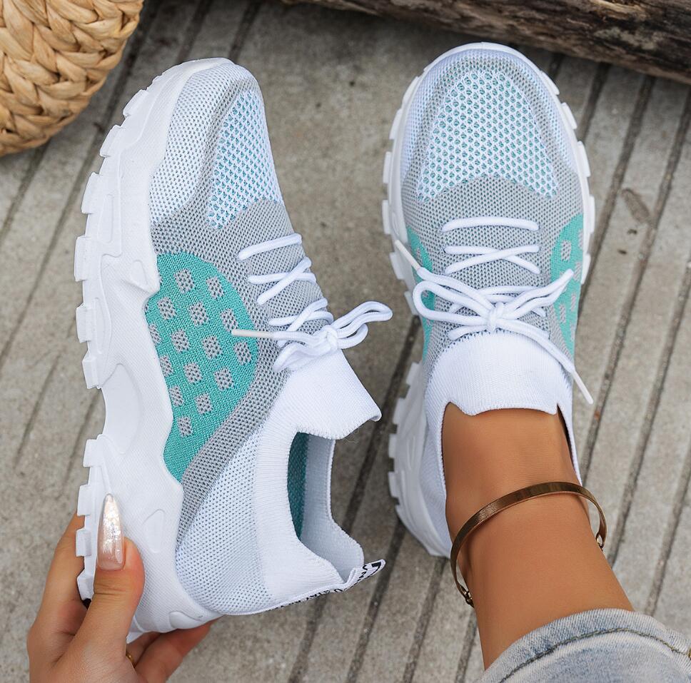 Knit Fabric Lace Up Sneakers - Damskie oddychające sportowe buty z dzianiny
