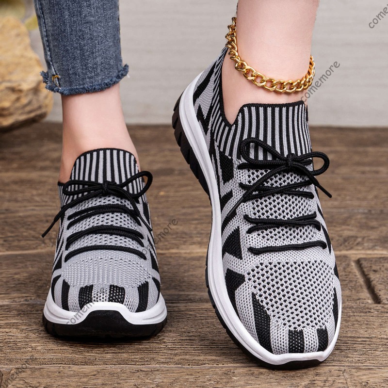 Knit Fabric Lace Up Sneakers - Damskie dzianinowe wsuwane sneakersy, oddychające sznurowane