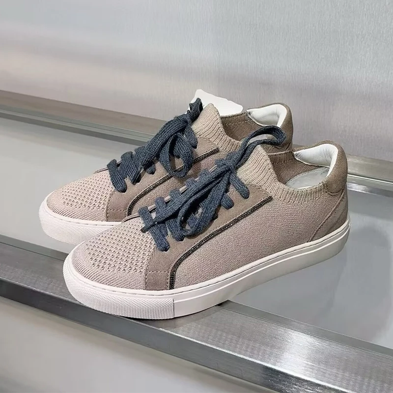 Knit Fabric Lace Up Sneakers - Damskie dzianinowe oddychające sneakersy wiosenno-jesienne na
