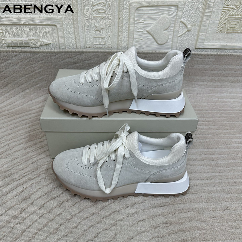 Knit Fabric Lace Up Sneakers - Damskie białe dzianinowe mokasyny z zamszu