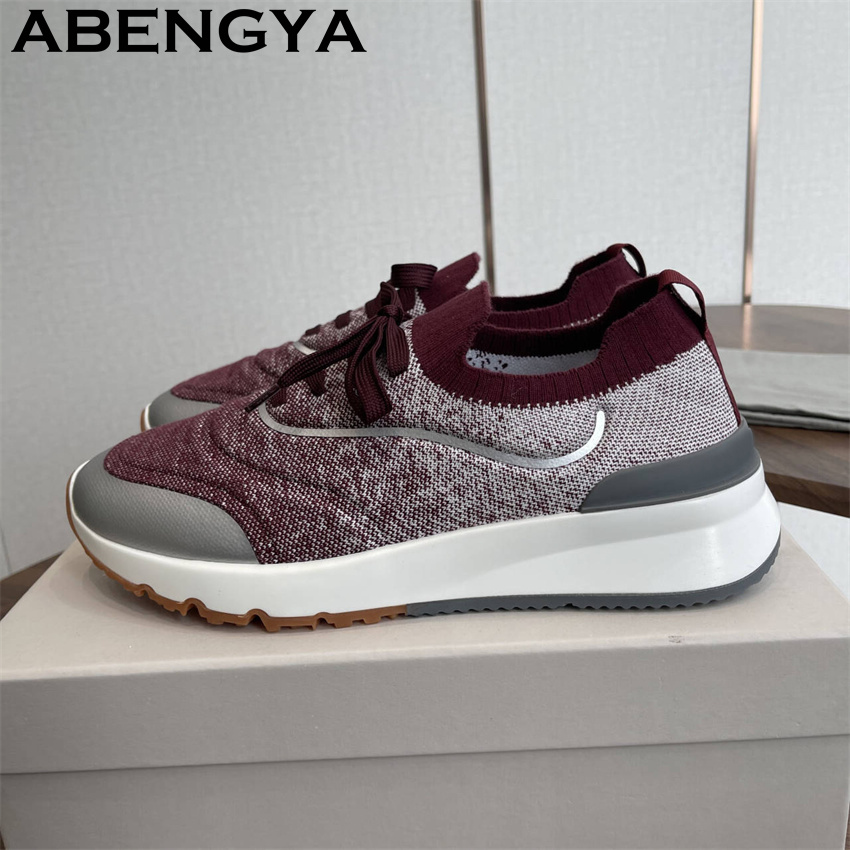 Knit Fabric Lace Up Sneakers - Męskie, wielokolorowe, dziergane mokasyny, buty z