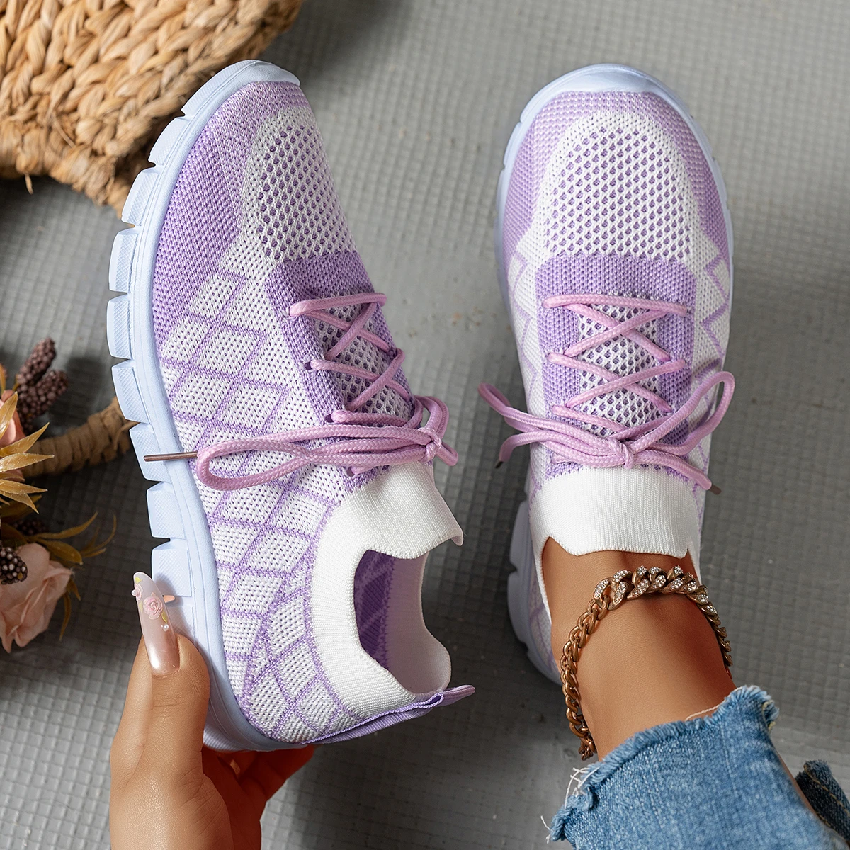 Damskie dzianinowe sneakersy z – Knit Fabric Lace Up Sneakers recenzja i cena