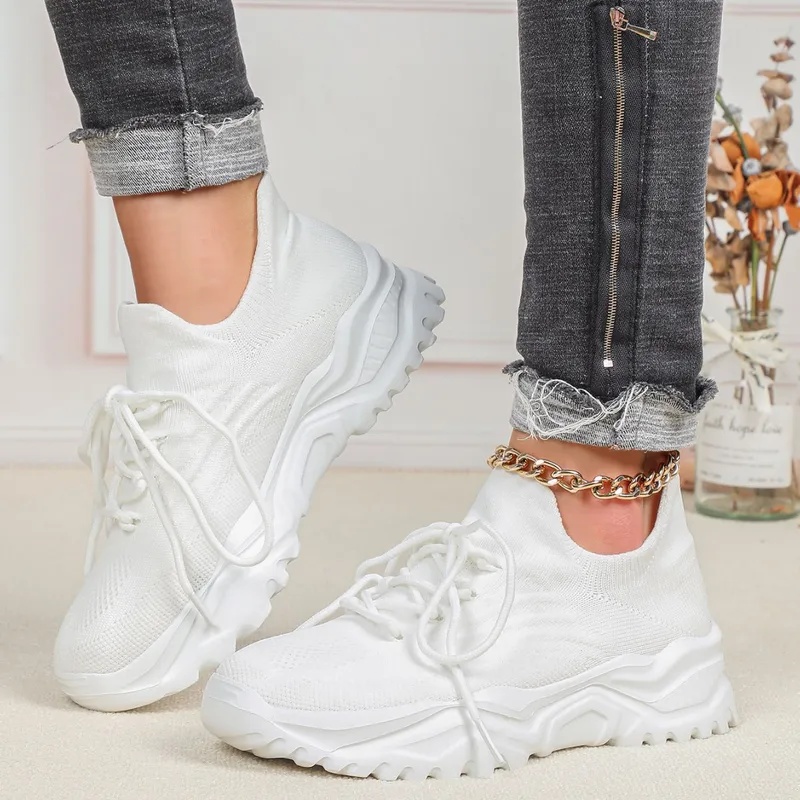 Modne sneakersy na grubej plat – Knit Fabric Lace Up Sneakers recenzja i cena
